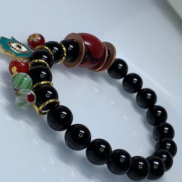 ONYX + DYED CORAL STONES NATURAL BRACELET size 7” - Picture 5 of 6